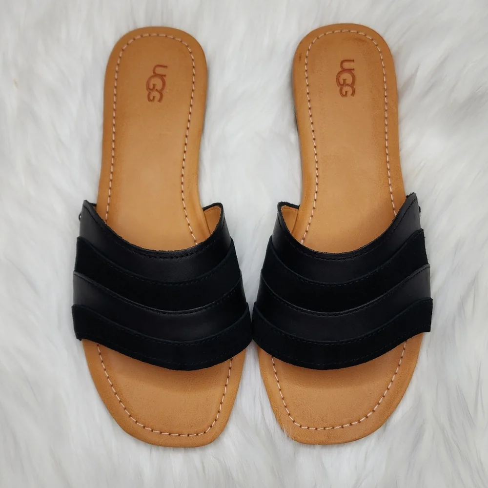 UGG Ximena Slip On Slide Sandals Black Leather